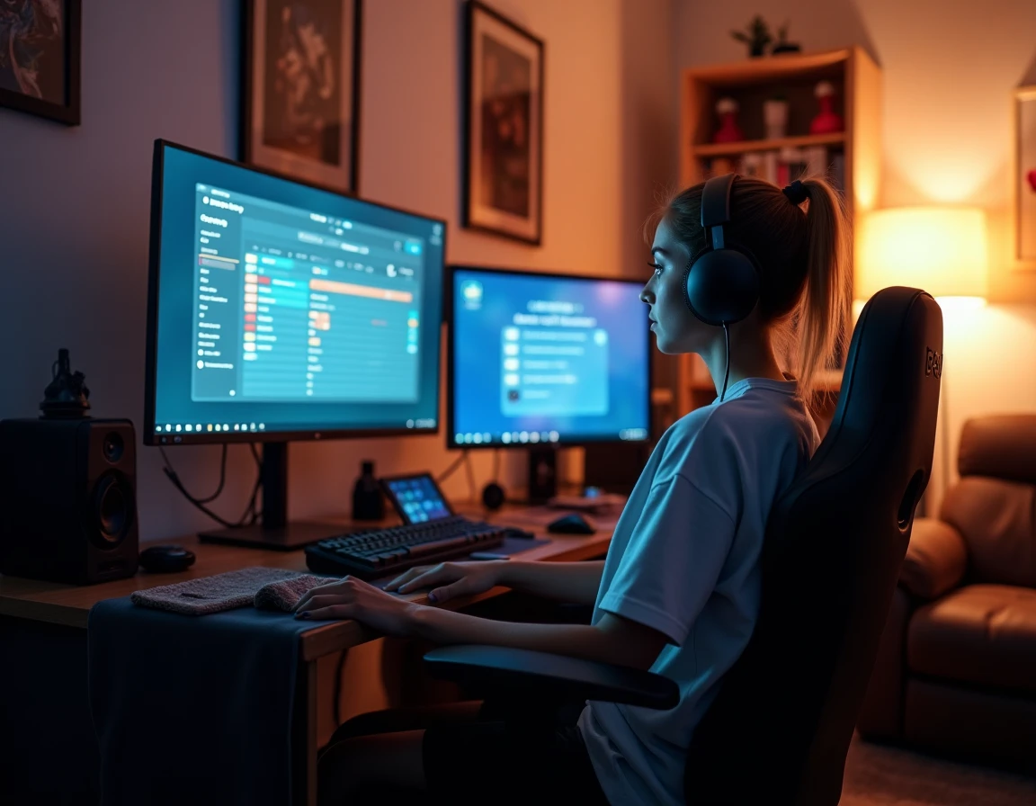 Joueuse de TFT analysant les compositions méta sur un double écran dans son espace gaming