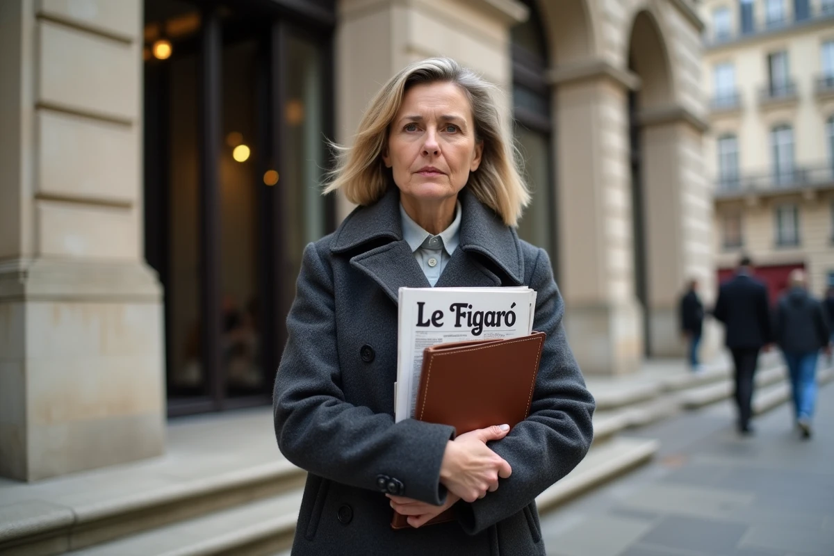 Journaliste du Figaro devant le siège d'un grand quotidien français tenant un exemplaire du journal