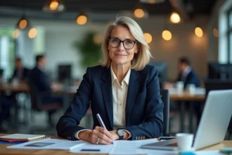 Journaliste professionnelle dans une rédaction de presse nationale, assise à son bureau avec des articles et un ordinateur portable