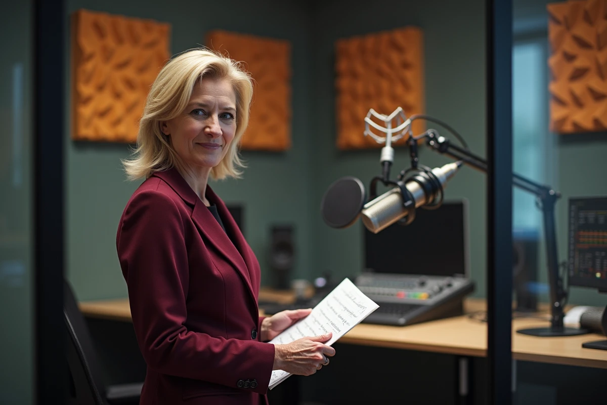 Journaliste radio devant un studio d'enregistrement avec microphones et régie sonore visible en arrière-plan