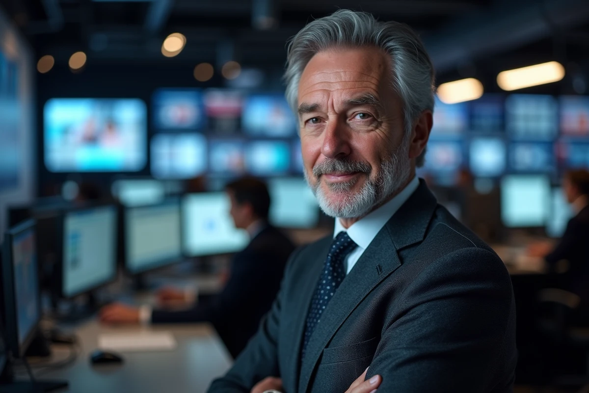 Journaliste de télévision français en costume gris dans une salle de rédaction parisienne animée