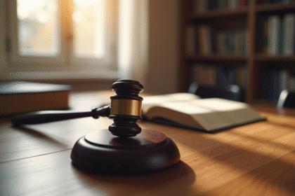 Gavel de juge français et livre ouvert sur un bureau moderne