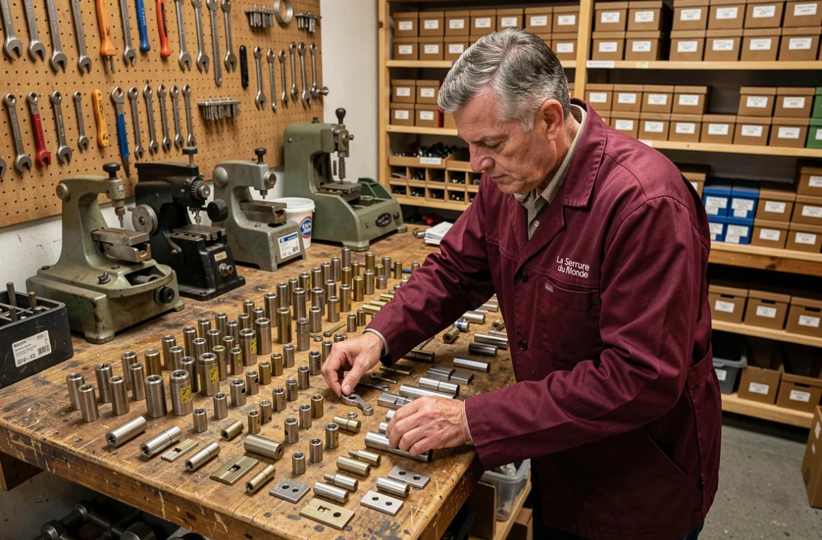Serrurier de La Serrure du Monde présentant une collection de cylindres internationaux dans son atelier parisien