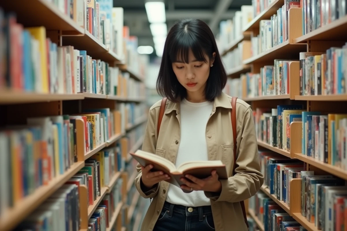 Femme lisant un volume manga dans une librairie spécialisée avec rayonnages remplis d'éditions françaises et japonaises