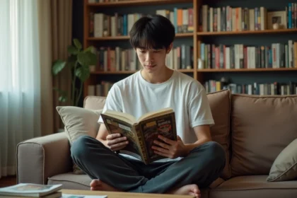 Jeune homme lisant un tome de manga One Punch Man sur un canapé entouré de nombreux volumes en français