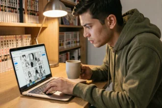 Jeune homme lisant des mangas en ligne rapidement sur un ordinateur portable dans un bureau à domicile minimaliste