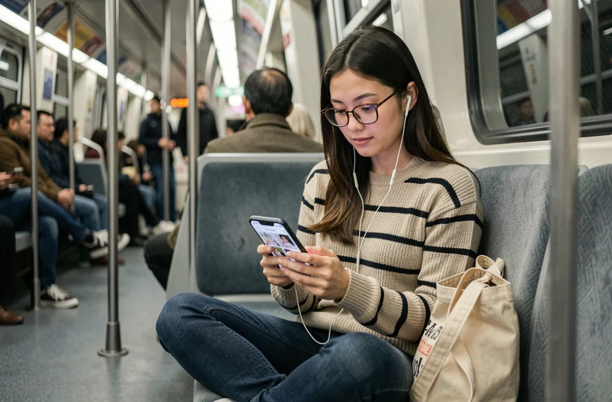 Jeune femme lisant des mangas sur smartphone dans le métro pendant ses trajets quotidiens