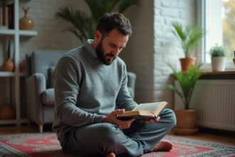 Homme méditant en lisant un Quran en intérieur