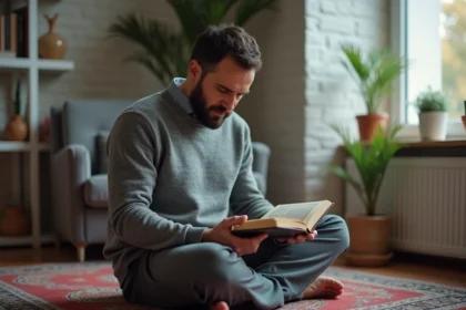 Homme méditant en lisant un Quran en intérieur