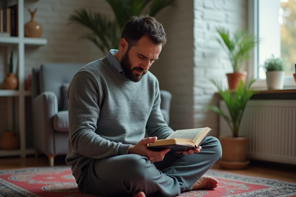 Homme méditant en lisant un Quran en intérieur