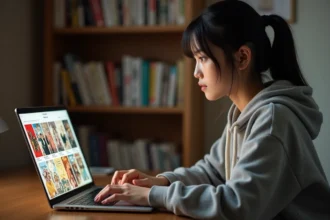 Jeune femme lisant un scan manga en ligne sur son ordinateur portable dans un appartement cosy avec des étagères de manga en arrière-plan