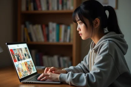 Jeune femme lisant un scan manga en ligne sur son ordinateur portable dans un appartement cosy avec des étagères de manga en arrière-plan