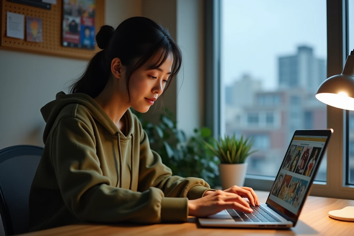 Femme lisant des scans de manga One Punch Man en VF sur une tablette et un ordinateur portable depuis chez elle