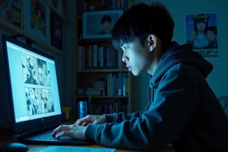 Jeune homme lisant un scantrad manga sur son ordinateur portable dans sa chambre, illustrant les risques de la lecture illégale en ligne