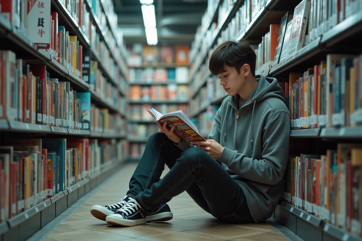 Jeune homme parcourant des mangas One Punch Man en français dans le rayon manga d'une librairie