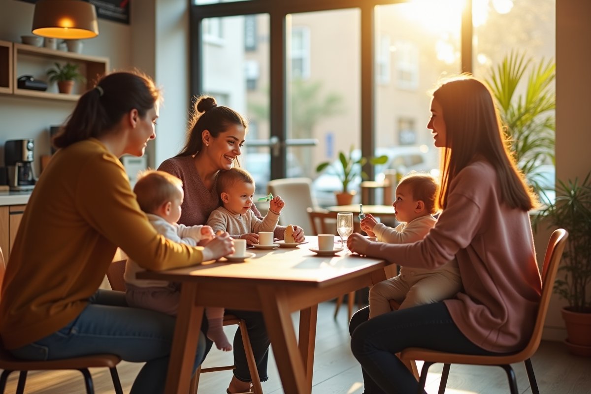 Mères avec bébés dans un café moderne et chaleureux