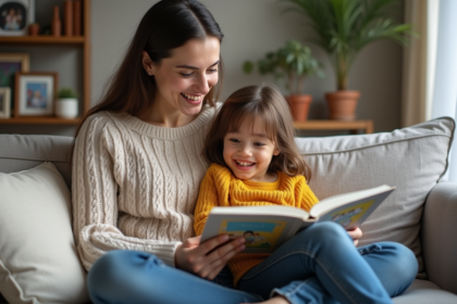 Femme et fille lisant un livre dans un salon chaleureux