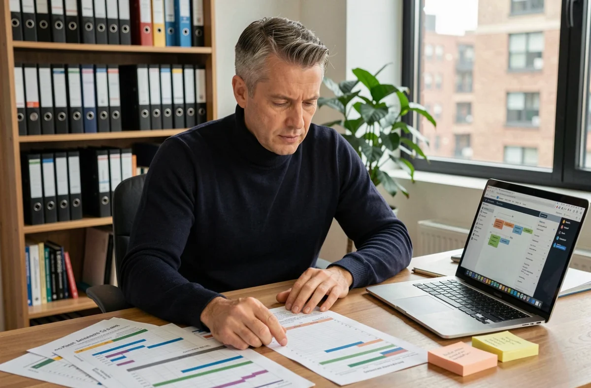 Manager homme analysant un diagramme de Gantt et un tableau de bord de gestion de projet dans un bureau à domicile