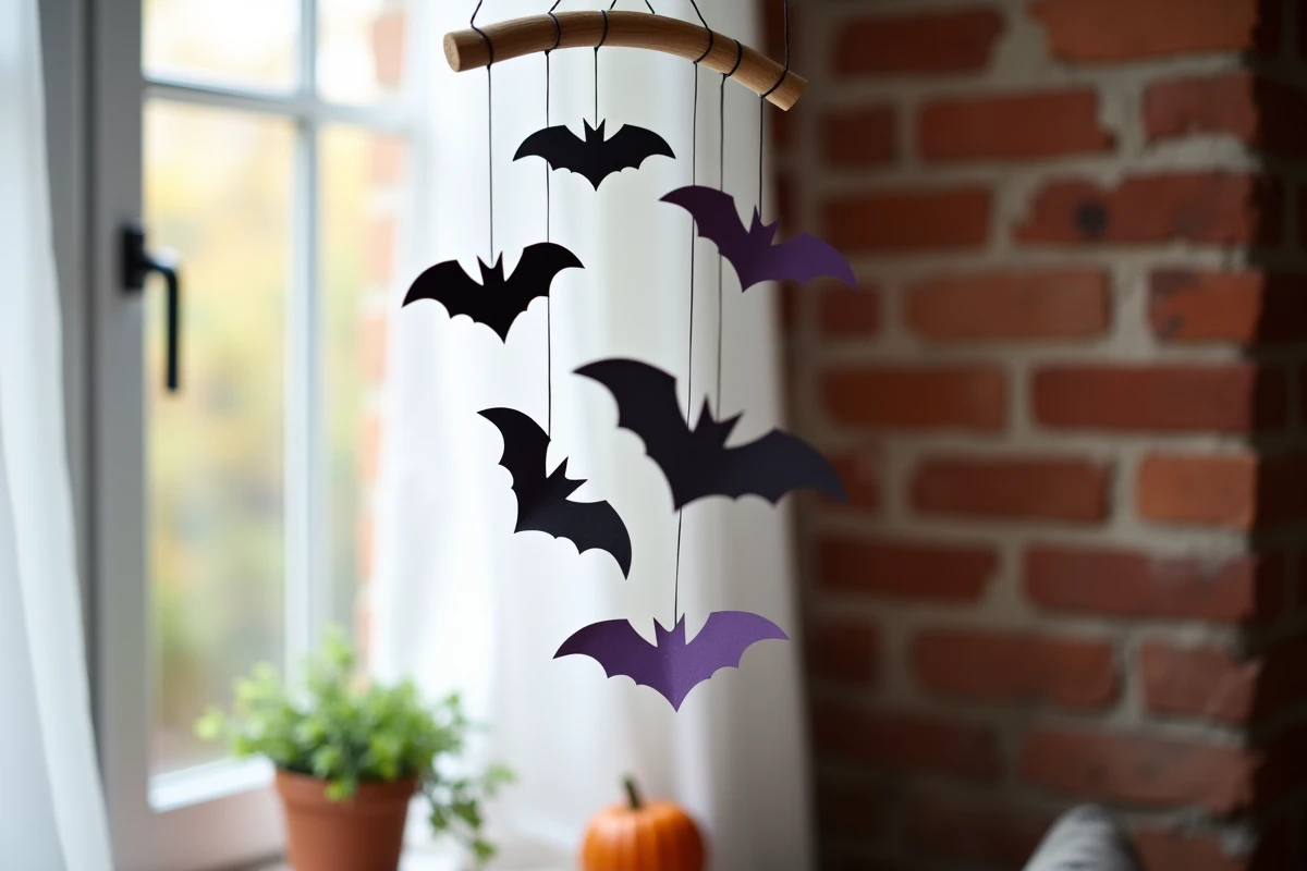 Mobile Halloween artisanal avec chauves-souris en papier noir et violet suspendu près d'une fenêtre avec citrouille