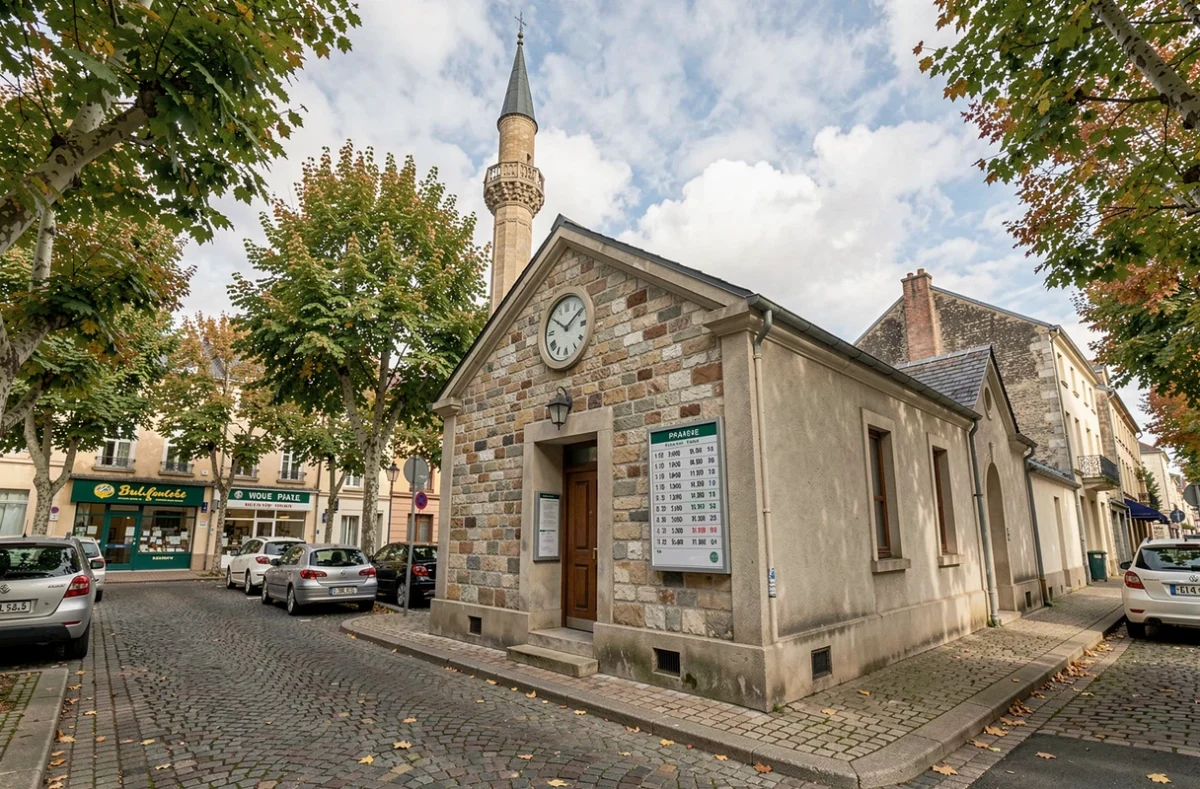 Mosquée de quartier en ville française avec tableau des horaires de prière affiché à l'entrée
