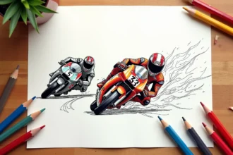 Dessin de moto de course à colorier posé sur un bureau en bois avec des crayons de couleur