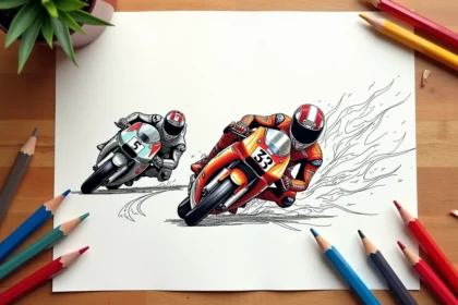 Dessin de moto de course à colorier posé sur un bureau en bois avec des crayons de couleur