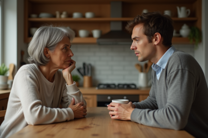 Femme et son fils en discussion dans la cuisine chaleureuse
