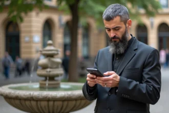 Musulman priant à Toulouse avec smartphone