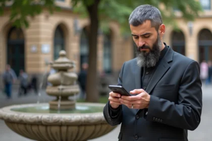 Musulman priant à Toulouse avec smartphone