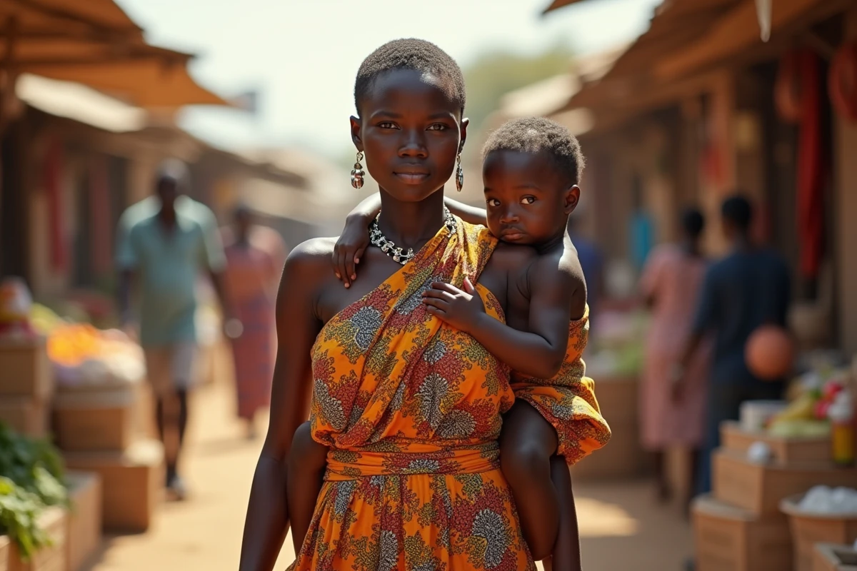 Jeune mère africaine au marché symbolisant la forte natalité et la croissance démographique en Afrique subsaharienne