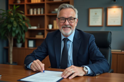 Notaire en costume examinant un document officiel dans un bureau moderne