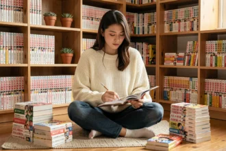 Jeune femme organisant sa collection de mangas sur le sol avec un carnet de suivi de lecture