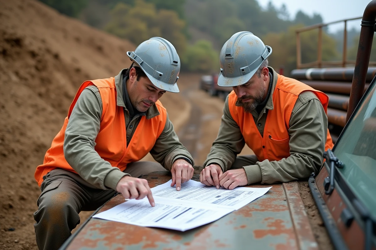 Deux ouvriers de chantier analysant un rapport géotechnique sur un terrain en pente avant le début des travaux de construction