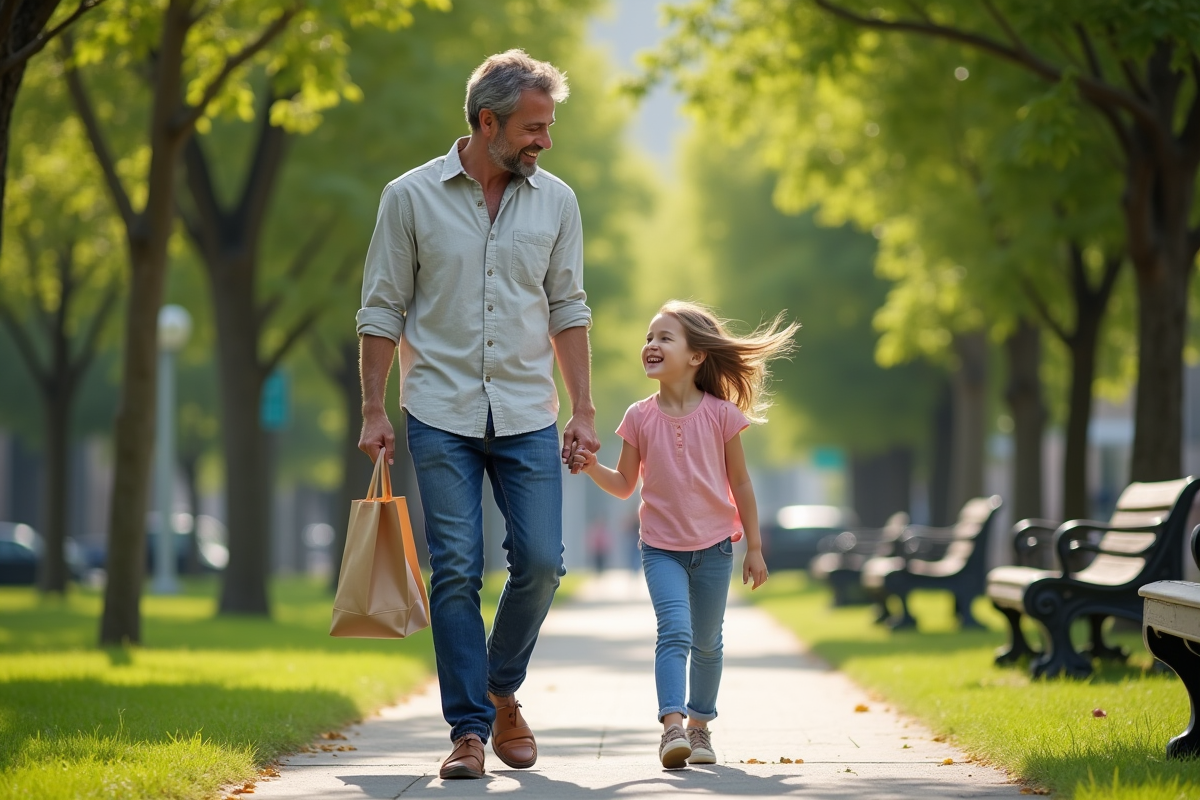 Père et fille souriants dans un parc urbain en plein air