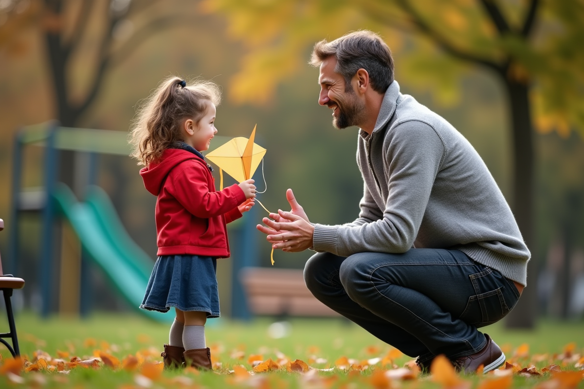 Père et fille jouant avec un cerf-volant dans le parc
