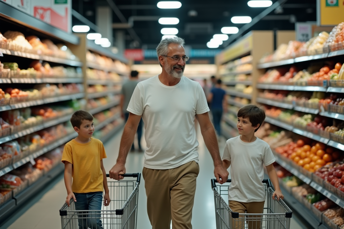Pere et deux enfants faisant les courses dans un supermarche