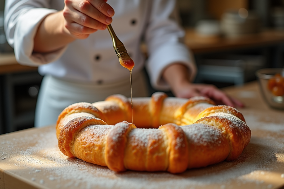 Chef pâtissier badigeonnant une galette des rois