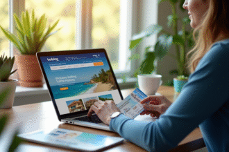 Personne avec vouchers de vacances sur un bureau moderne