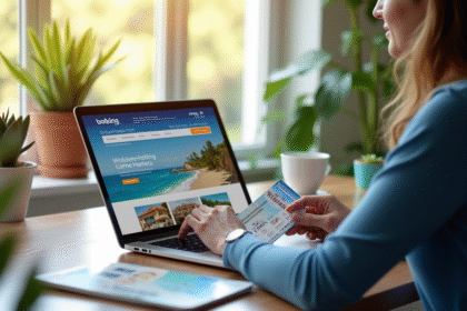 Personne avec vouchers de vacances sur un bureau moderne