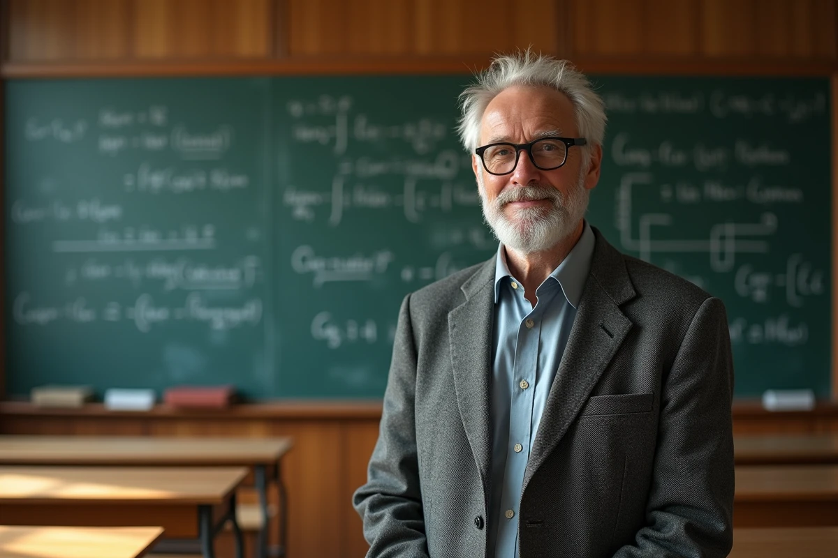 Physicien plus âgé expliquant des équations sur un tableau