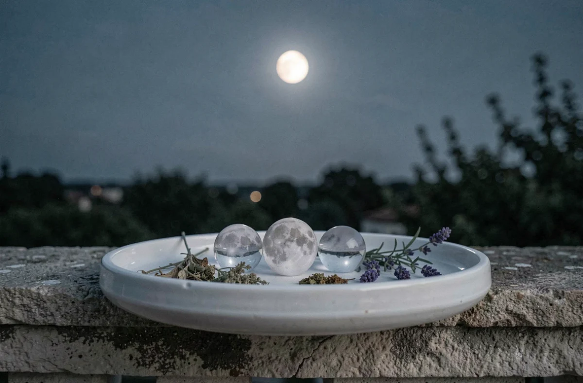 Pierres de lune disposées sur un plateau dehors sous la pleine lune pour une recharge nocturne