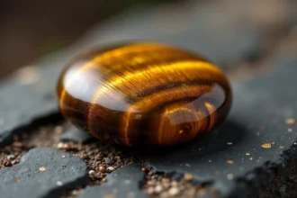 Pierre Oeil du tigre polie aux reflets dorés et chatoyants posée sur une surface en ardoise naturelle brute
