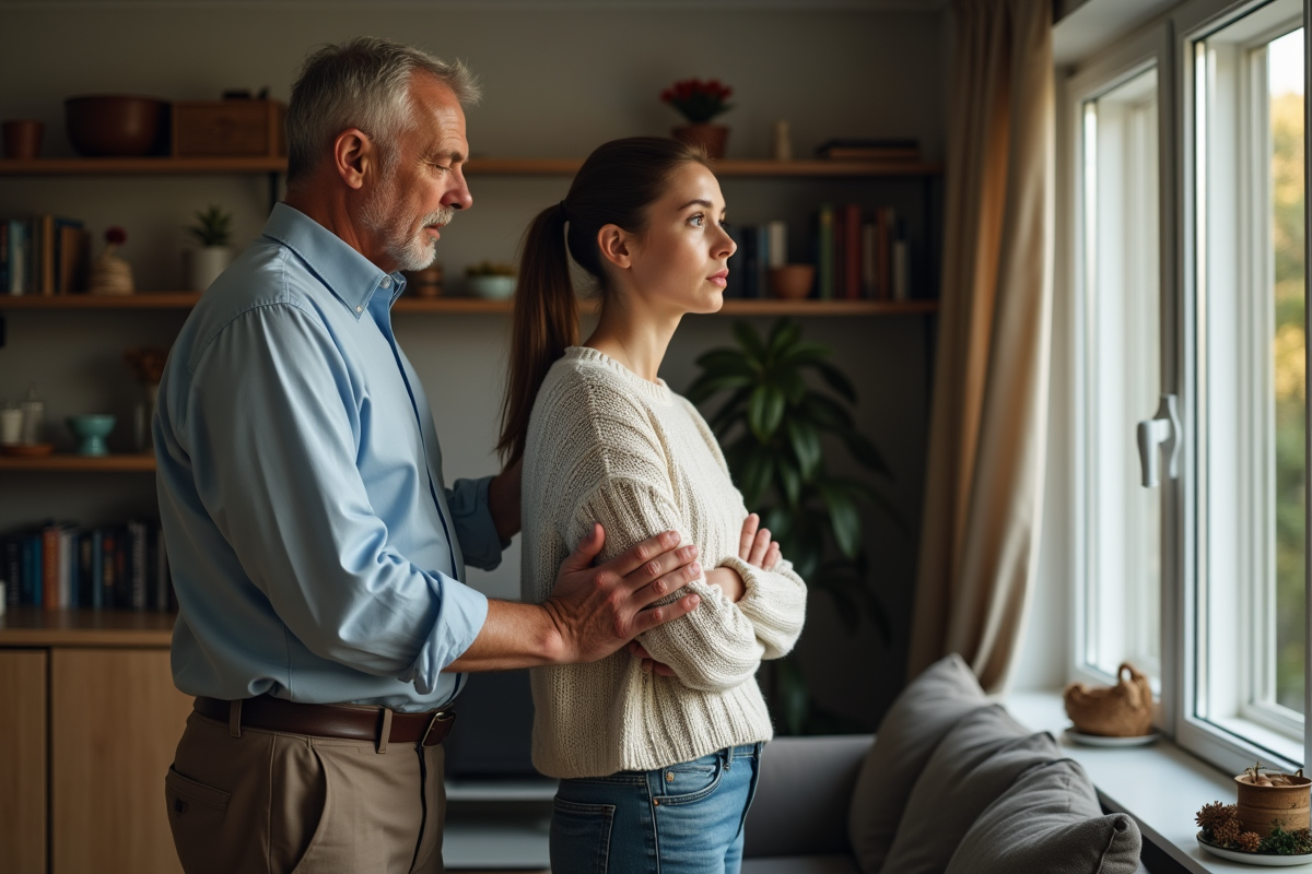 Père et fille en conversation dans le salon familial