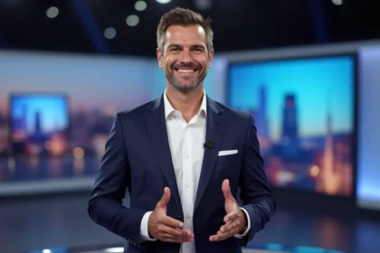 Présentateur TV français en blazer marine derrière un bureau de plateau de télévision moderne