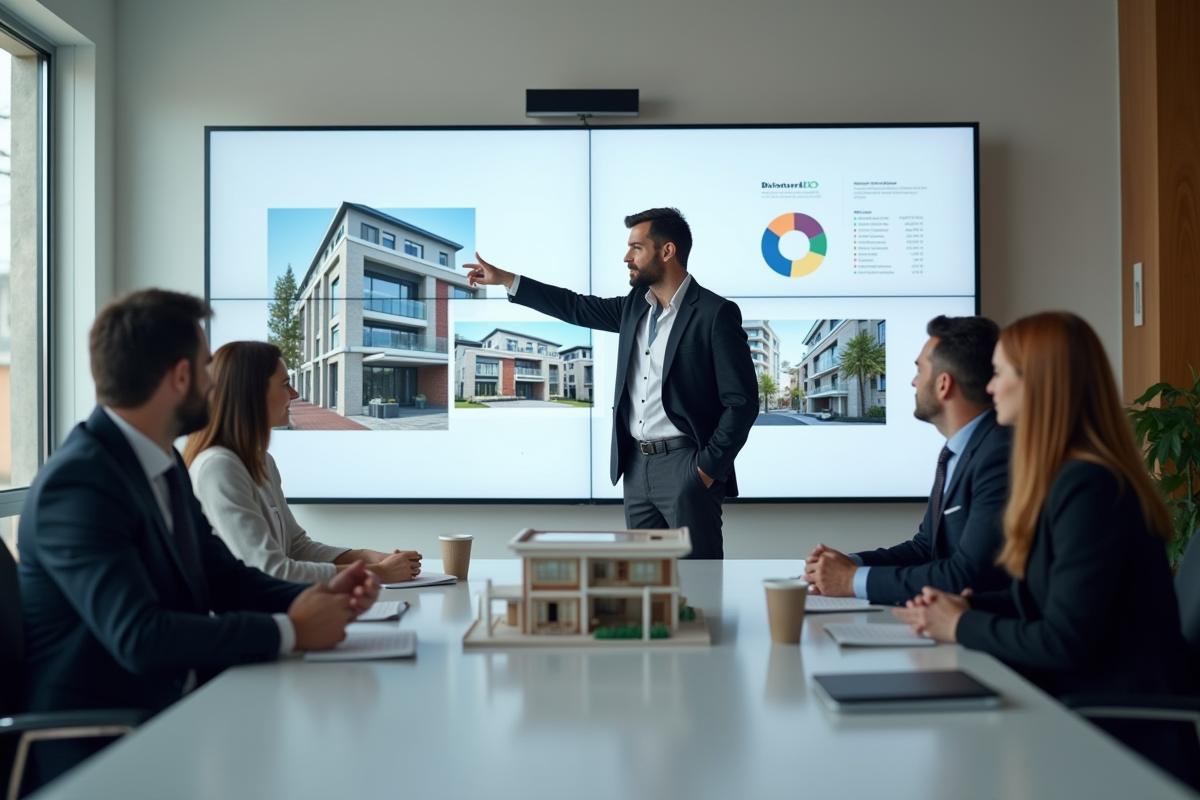 Professionnel de l immobilier présente un projet lors d une réunion