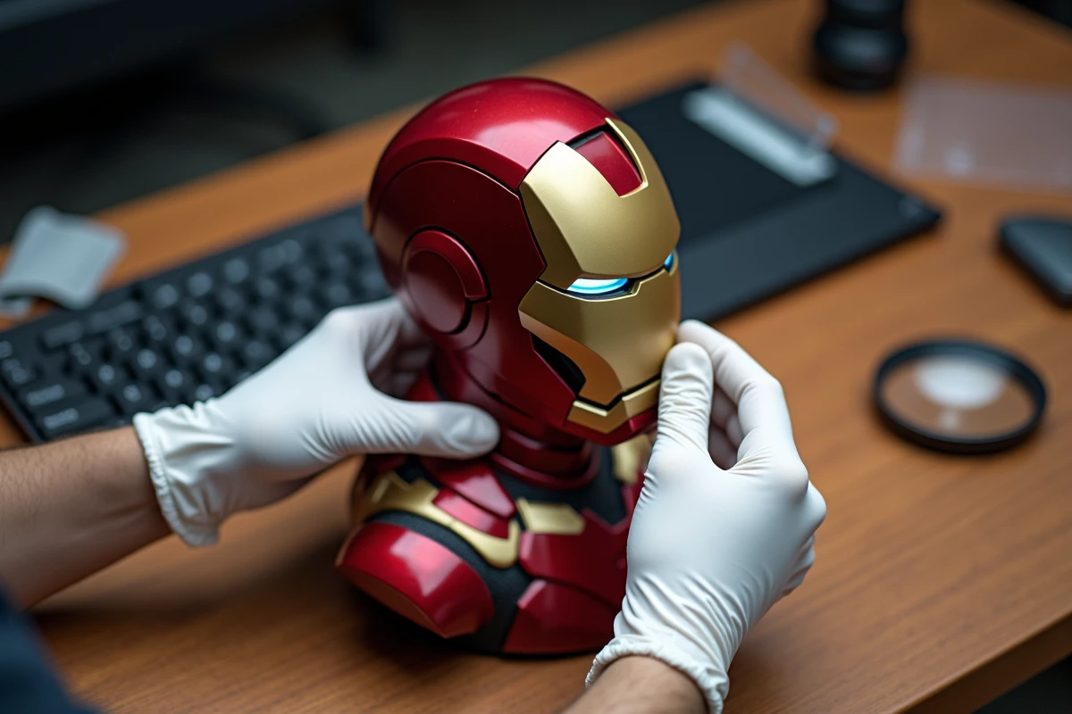Collectionneur avec gants blancs tenant délicatement une figurine Iron Man pour en préserver la valeur