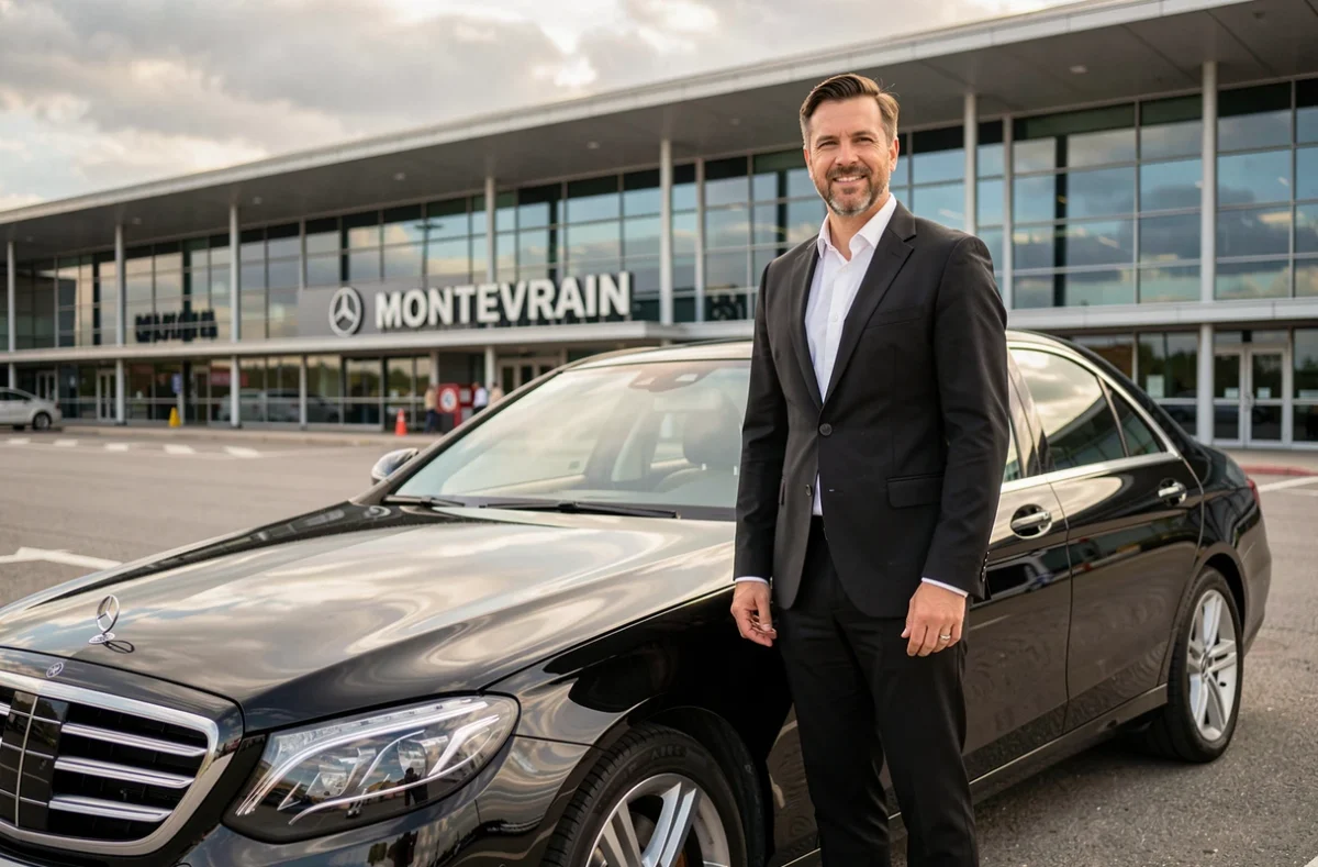 Chauffeur professionnel en costume noir debout près d'une berline noire devant un terminal d'aéroport à Montevrain pour Prestige Transfer