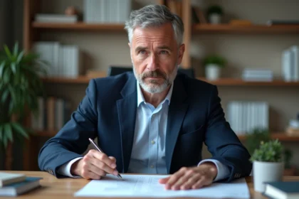 Psychologue en blazer bleu lisant un test spirituel dans un bureau moderne