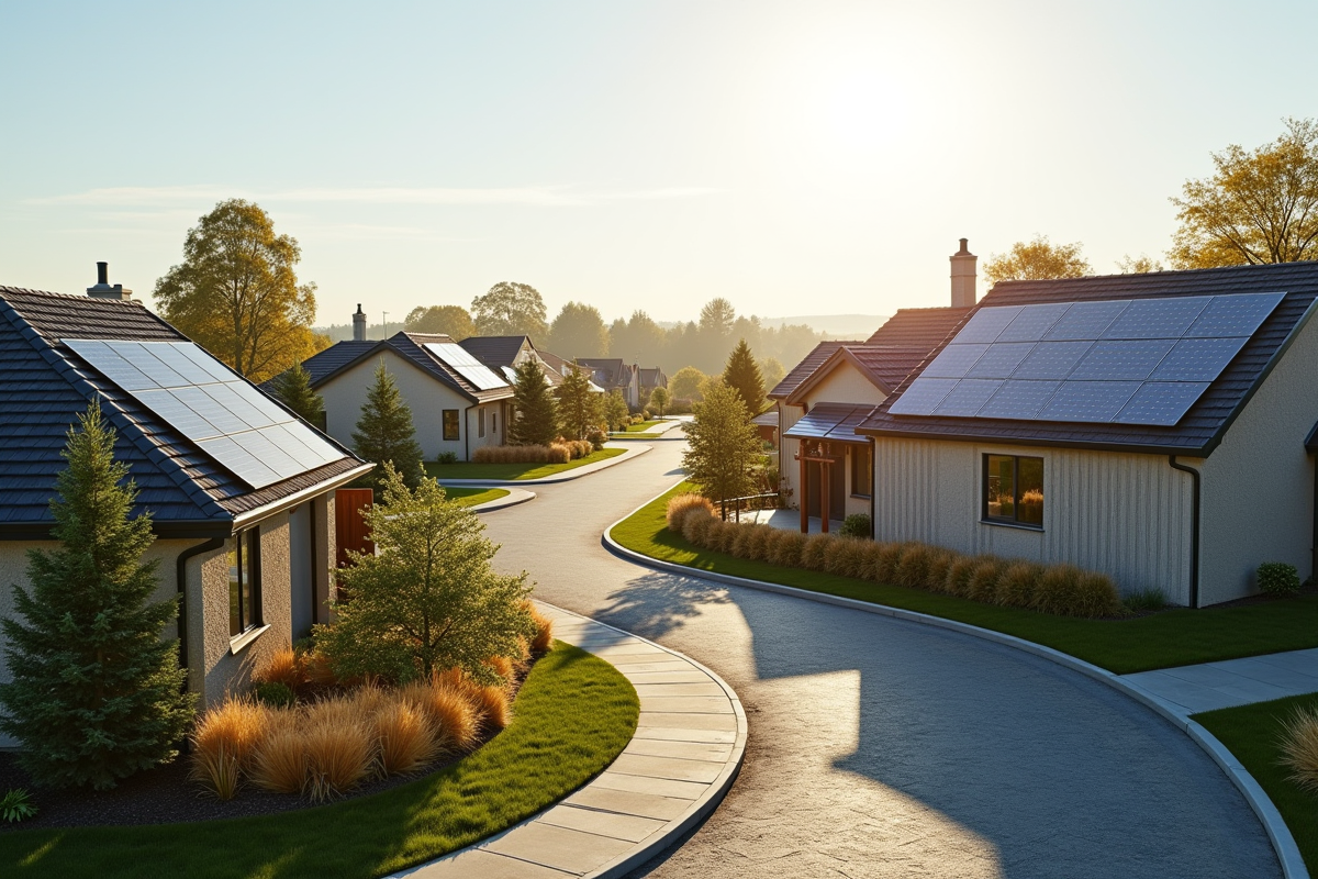 Quartier résidentiel avec maisons solaires et design écologique