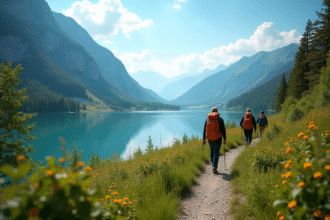 Randonneurs sur un sentier au bord du lac avec ciel bleu